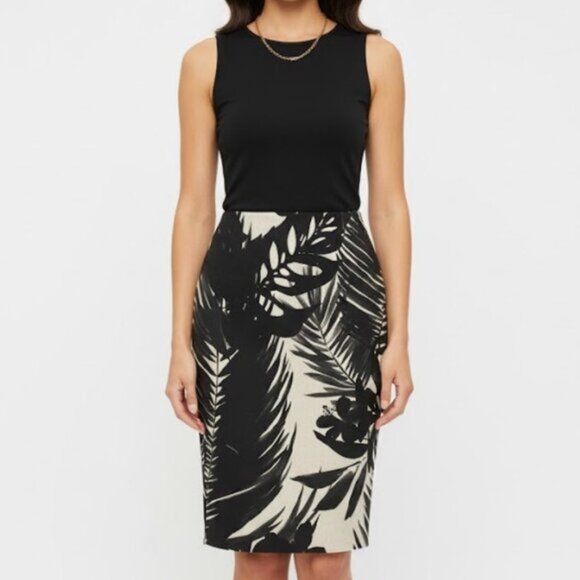 J Crew Tropical Print Women's Black Beige Linen Pencil Skirt Size 2 - Picture 1 of 9